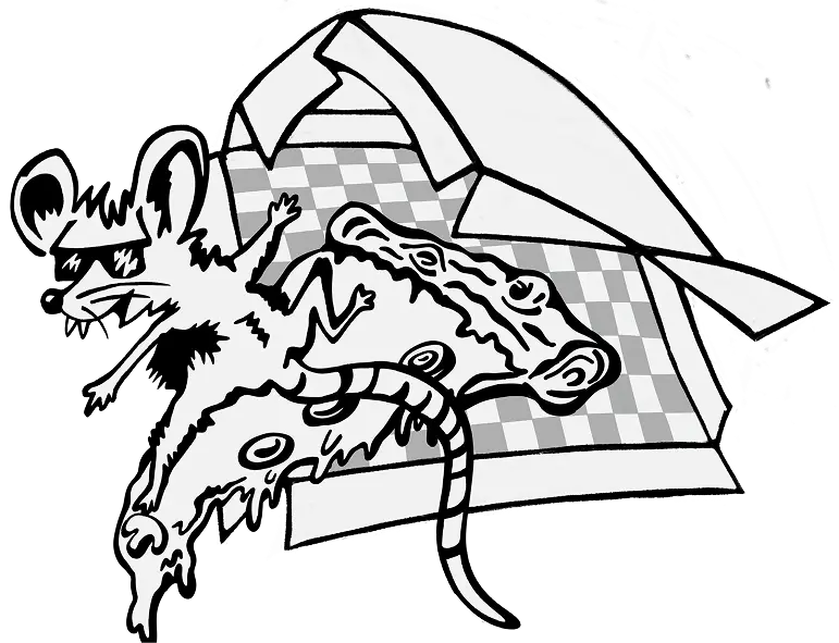 A graphic drawing of a rat surfing on a slice of pizza.